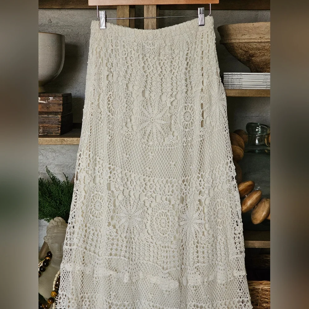 Pat Dahnke Made In Texas Cotton Crochet Maxi Skirt in Cream M/L - Picture 2 of 8